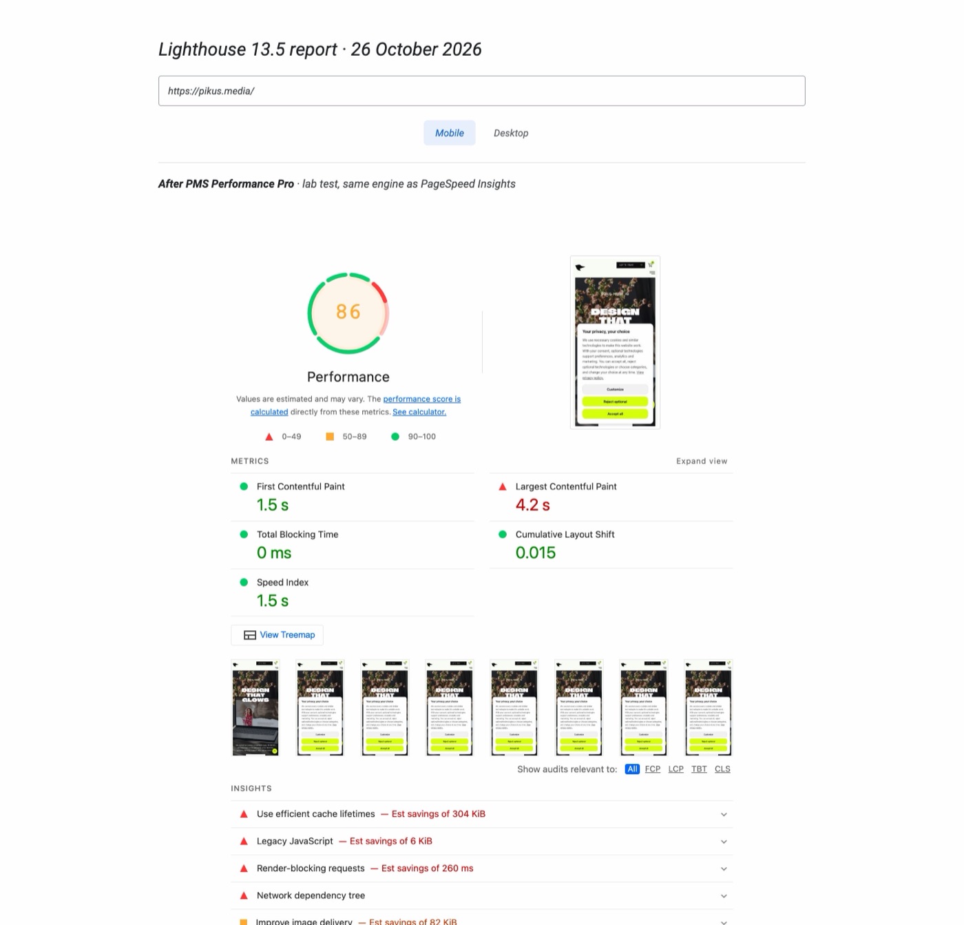 Lighthouse mobile report for pikus.media after the changes: performance 86