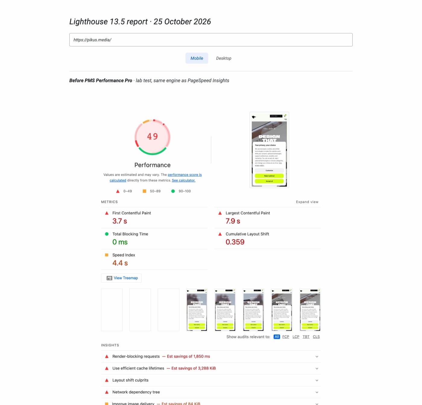 Lighthouse mobile report for pikus.media before the changes: performance 49